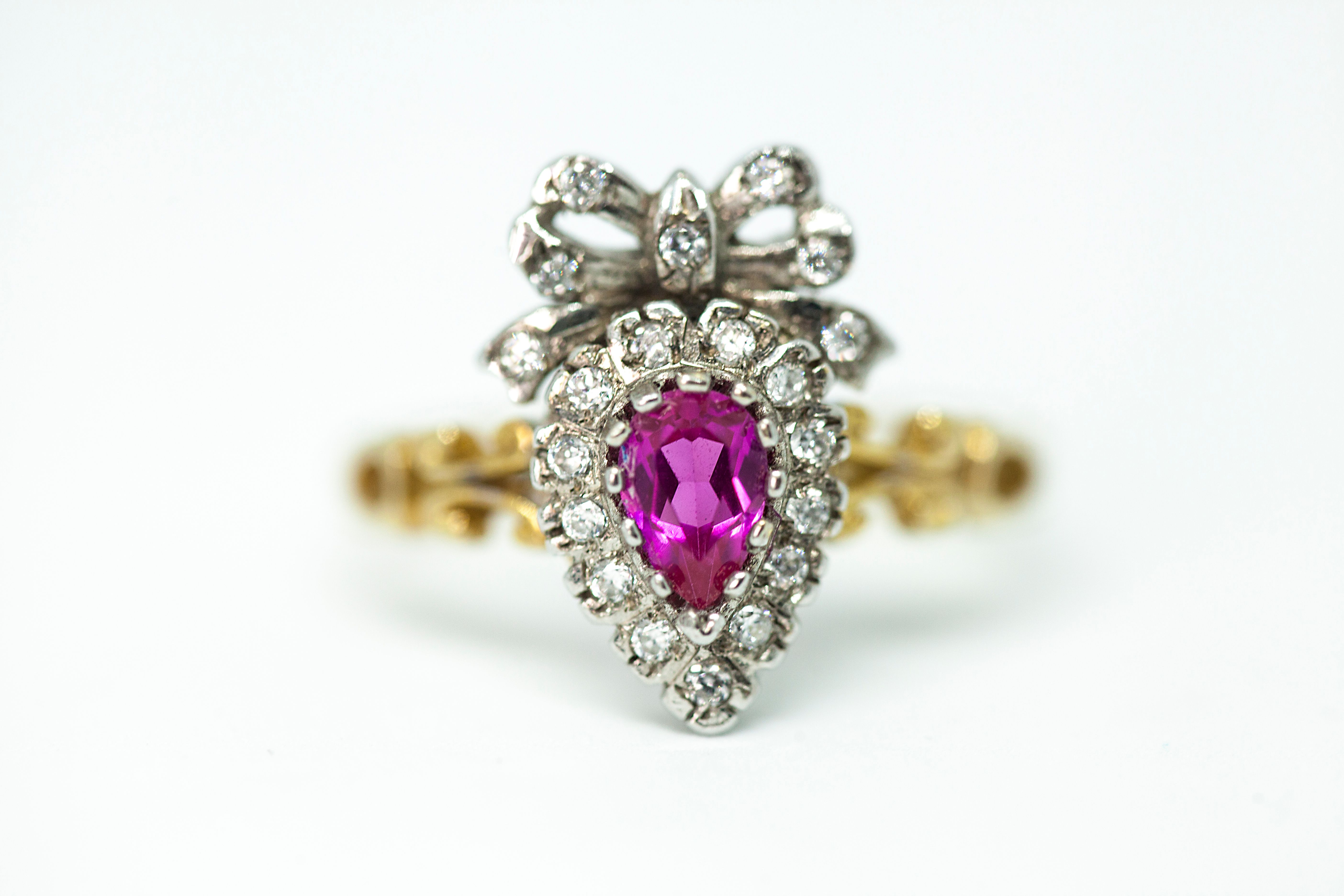 Victorian style heart & bow ring, set with Ruby and Diamonds